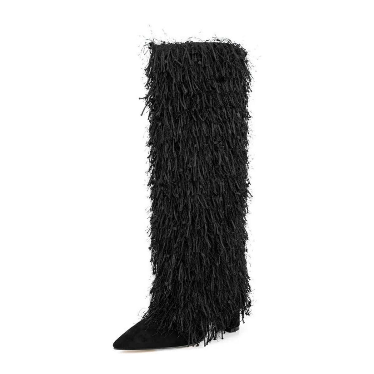 Goolita Faux Fur Fold Over Boots For Women Suede Pointed Toe Chunky Heels Knee High Boots Shiny Sequin