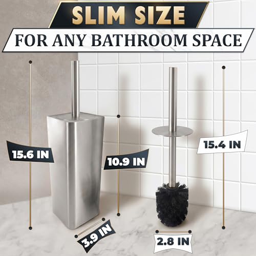 Image of Silver Toilet Brush and Holder Set - Upgrade Your Bathroom in Seconds - Stainless Steel Toilet Bowl Brush and Holder with 2 Rounded Corners, Replaceable Head, Removable Inner Bowl & Splash Guard Cover