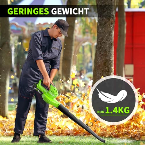 Akku Laubbläser,Elektrischer Laubbläser mit 2×2.0Ah Akkus und Ladegerät,360m³/h Blasleistung, 3-Gang Kabellos Laubgebläse Bürstenlos Laubpuster Schneefräse für Garten Rasenpfleg,Terrasse