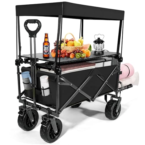 Beach Wagon Cart Foldable Travel Cart for Outdoor Camping with Canopy,Tabletop, Side Pockets, and Cup Holder Can Hold up to 300 lbs