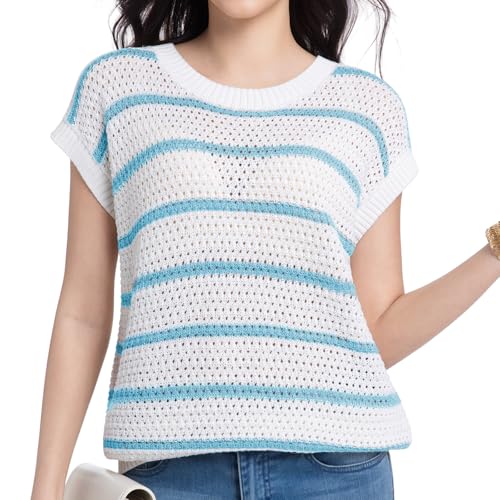Womens Sweater Vest Round Neck Striped Short Sleeve Sweater Tops Casual Trendy Spring Fall Clothes Small Grey+whit Stripe