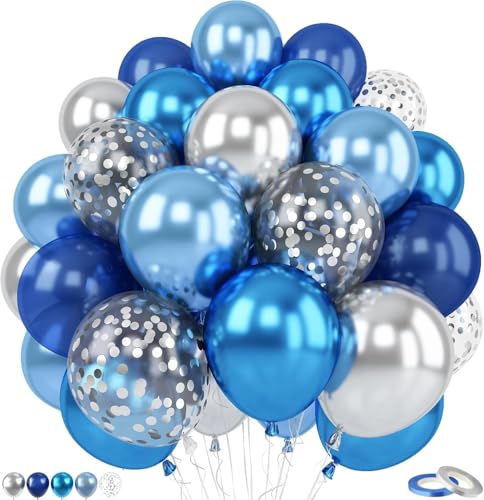 YoParty Blue & Silver Metallic Balloons Set | 2.8 g Thick Latex Light, Royal, Navy, Silver & Confetti Balloons for Birthdays, Baby Showers, Engagements, Weddings, Gender Reveals, and Party Decoration