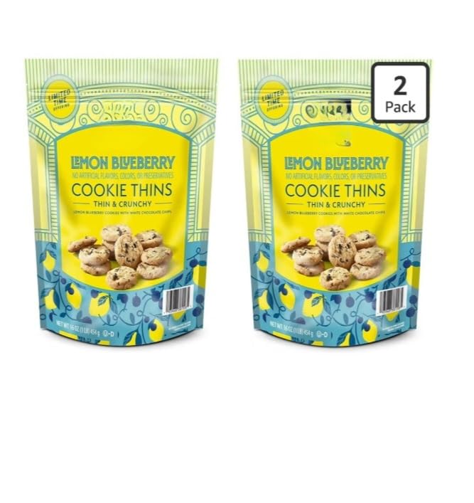 Lemon Blueberry Cookie Thins, 16 oz, Pack of 2 - Crispy & Crunchy Fruit-Inspired Cookies - Made with Real Butter - Perfect for Snacking, Toppings, or Dessert