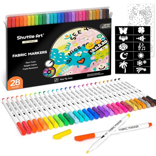 Shuttle Art 28 Marqueurs Textile et Tissu, Feutre Textile Permanent de 28 Couleurs Vives, avec 11...