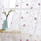 WINYY Hot Pink Floral Sheer Curtain for Sliding Glass Door Rod Pocket Top Window Treatment Embroider