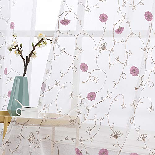 Winyy Hot Pink Floral Sheer Curtain For Sliding Glass Door Rod Pocket Top Window Treatment Embroidered Leaf Dandelion Curtain Voile Home Decor 1 Panel (52 Inch Wide 63 Inch Long) #TOP10