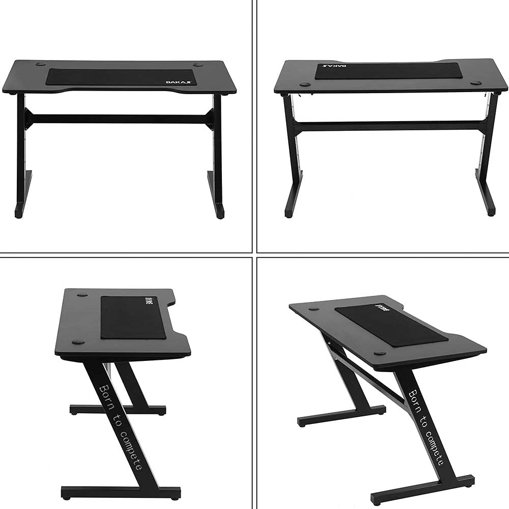 BAKAJI Bureau Gaming Porte-PC avec lumières LED RGB Changement de Couleur Structure Métal Plateau Bois Texture Fibre de Carbone avec Tapis Souris Mousepad Inclus 120 x 60 x 73 cm Jeu Online