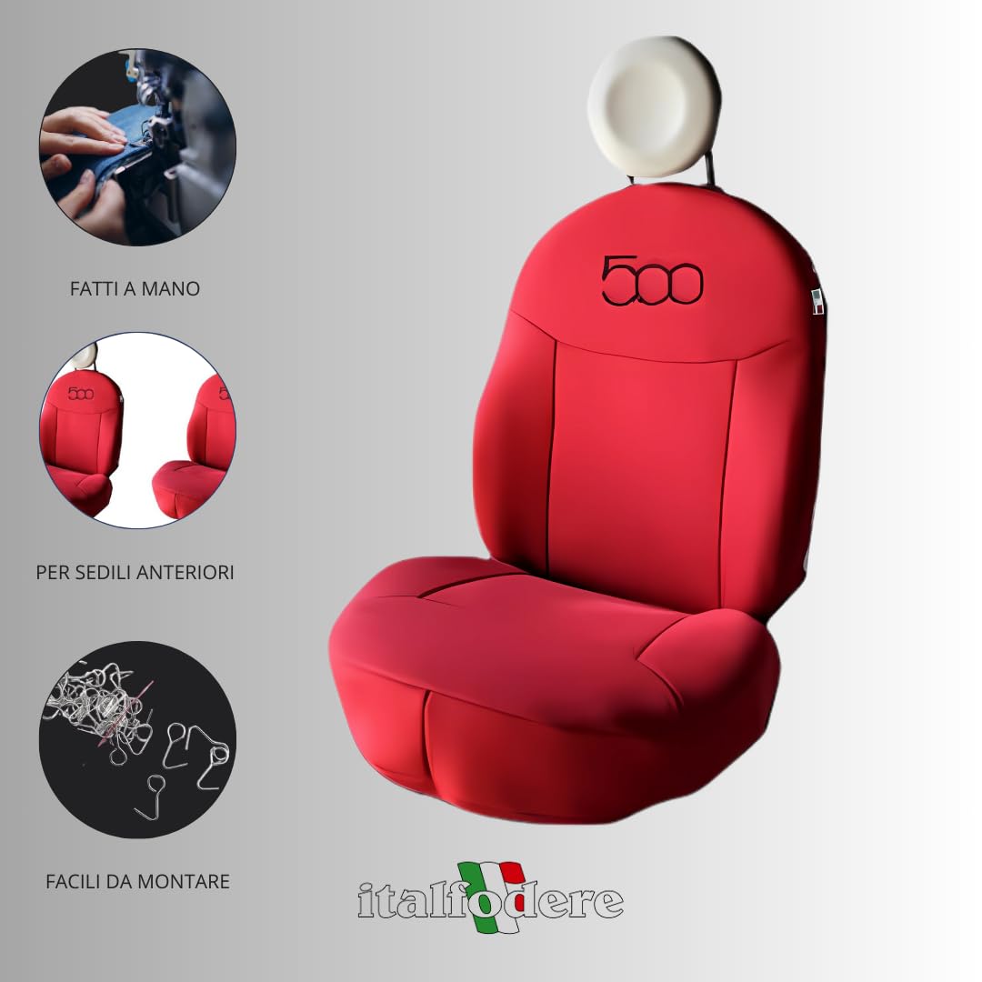 Italfodere - Coppia Coprisedili Anteriori Compatibili con Fiat 500 - Cotone Accoppiato - Fatti a Mano - Eleganti e Resistenti - Accessori Auto Interno - Rosso - Made in Italy