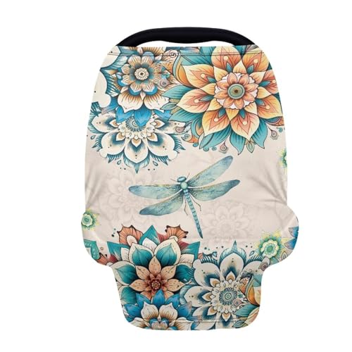 Image of ZFRXIGN Boho Dragonfly Car Seat Covers for Baby Girls Nursing Cover Scarf Infant Stroller Cover Multi Use Soft Stretchy Carseat Canopy Baby Car Seat Cover Western Flower
