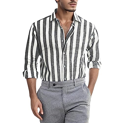 Genérico Camisa De Cambray Larga con Solapa y Hebilla de Lino a Rayas Informal para Hombre Camiseta Montesa Hombre (Black, L)