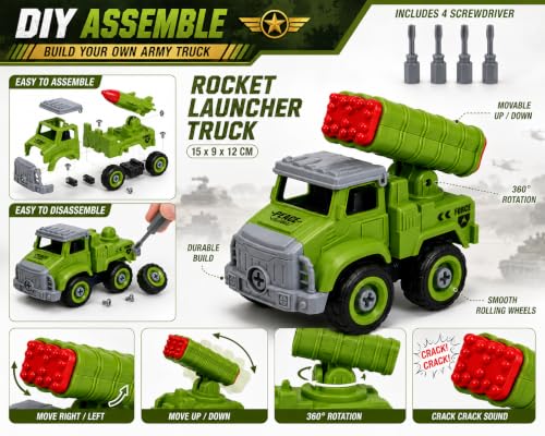 Image of TEC TAVAKKAL 4 in 1 DIY Military Force Vehicle Set for Kids, Army Toy Set with Helicopter, Bike, Missile Launcher Truck & Rocket Launcher Truck, Movable Parts, 4 Screwdrivers (Big Army Vehicle Toys)