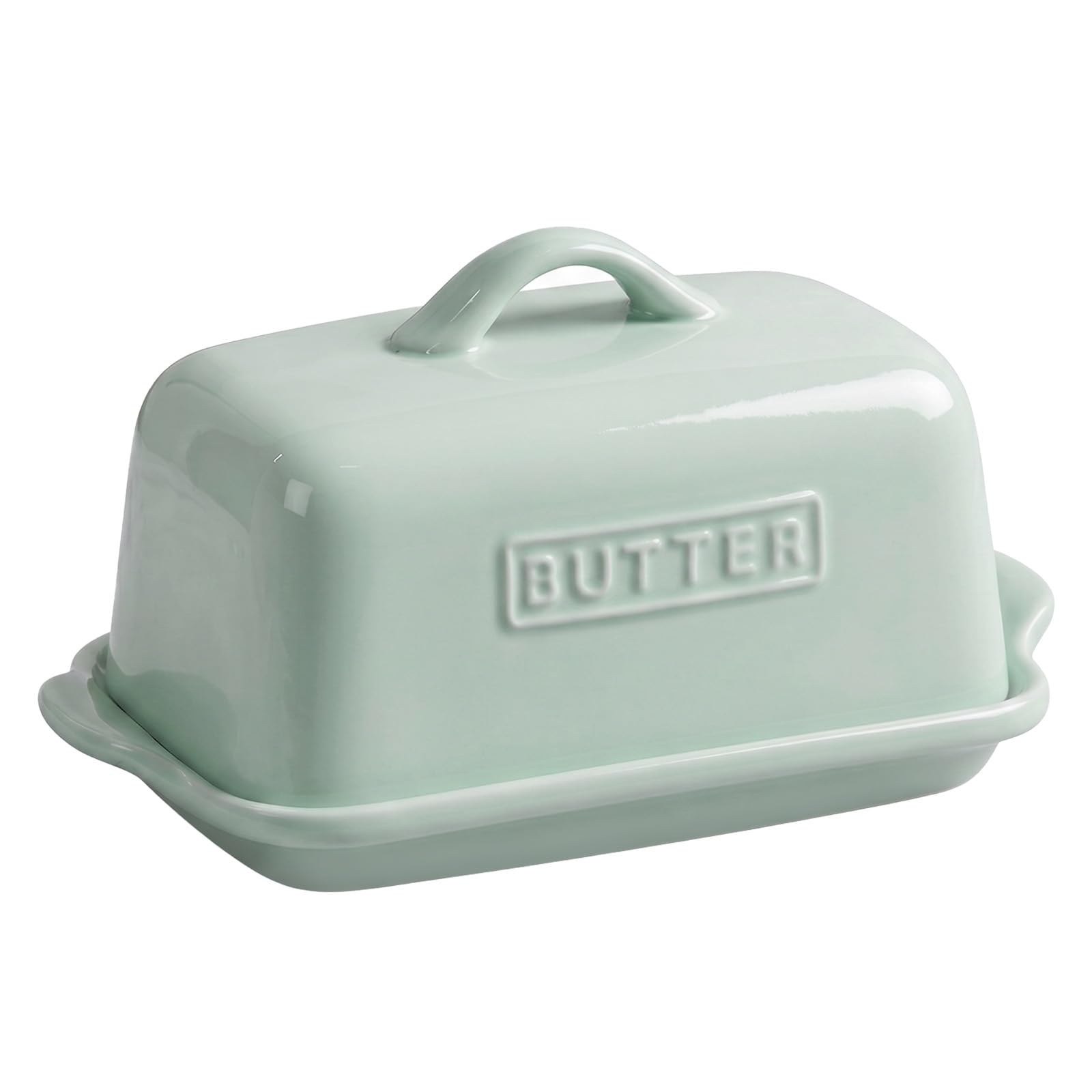 Große Keramik-Butterdose mit Deckel, passend für 500 g und 250 g Butterblöcke, Butterbehälter für Küchentheke, Butterschale, Marke JSHKY, Weiß.
