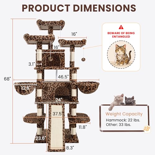 Image of SHA CERLIN 68 Inches Multi-Level Large Cat Tree for Large Kitties /Big Cat Tower with Condo /Cozy Plush Pussycat Perches /Sisal Scratching Posts and Hammocks /Activity Center /Leopard Print