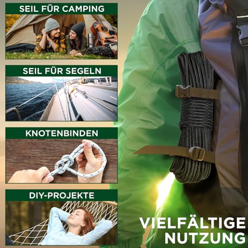 TECEUM Seil - 7 MM & 10 MM - 27.5M | 46M - Starkes Allzweckseil - Camping, Basteln, Fahnenmast, drinnen & draußen - Polypropylen Nylon Poly leichtes Diamant geflochtenes Seil - Schwarz
