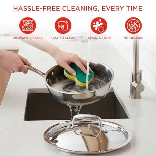 Image of Vinod SAS Pro Platinum Triply Hybrid Non Stick Saute Pan with Lid, (20cm) | Durable Stick Free Cooking Surface | for Curry, Stir Fry, Deep Fry, Sauteing & Roasting | Induction & Gas Compatible