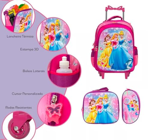 Kit Mochila Infantil com Rodinhas Princesas + Lancheira Térmica + Estojo Escolar