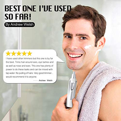 Ear and Nose Hair Trimmer Clipper - 2020 Professional Painless Eyebrow and Facial Hair Trimmer for Men and Women, Battery-Operated, IPX7 Waterproof Dual Edge Blades for Easy Cleansing(White)