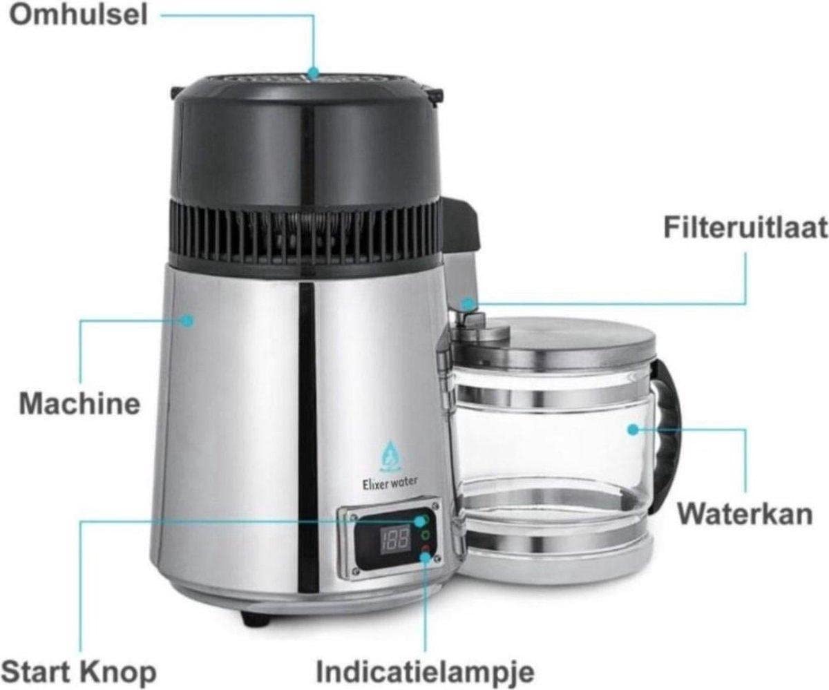 Deluxe - Destilador de agua - Destilador - Acero inoxidable - Destilación de agua - con jarra de vidrio 4L