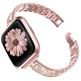 TOYOUTHS Stylish Bracelet Compatible with Fitbit Versa/Versa 2 Bands Women Slim Strap Replacement Wristbands Versa Lite Special Edition Stainless Steel Metal+Leather Accessory Rose Gold+Glitter Gold