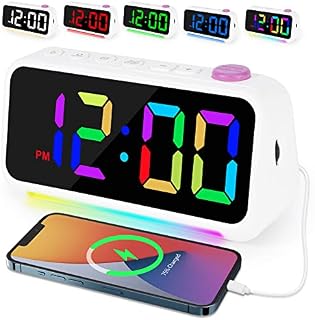 Alarm Clock with 7 Colour Night Light, Dynamic RGB Colour Changing Clock for Kids Adults, 6" Alarm Clocks Bedside, Digital Clock with Multiple Font LED Display, Dimmable, 5 Volumes,USB Charging Ports