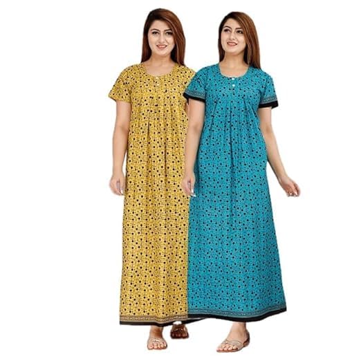 Image of OFEEFAN Cotton Nighty for Women - Pack of 2 Printed Maxi Gowns, Ankle-Length Night Dresses, Soft & Breathable Sleepwear - Free Size