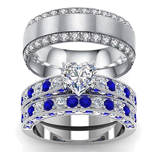 Gy Jewelry 3pc His and Hers Wedding Ring Sets Couples Rings Women's White Gold Plated Heart Cut Cubic Zirconia Wedding Engagement Ring Bridal Sets & Men's Titanium Wedding Band