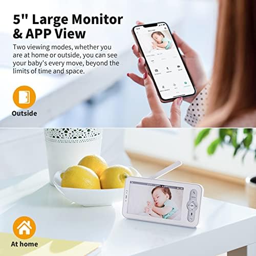 Baby Monitor with Phone APP, 5'' 1080P HD Screen, Video Baby Monitor with Camera and Night Vision, 3000mAh Rechargeable Screen, 360 Pan/Tilt, Handheld Monitor & Phone App , Temperature/Cry Alarm