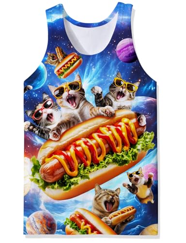 Mens Funny Tank Tops Workout Shirt Male Sleeveless Hotdog Novelty Cat Print Graphic Shirts Beach Tank Top L