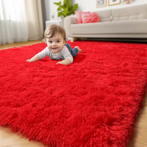 Red Rug for Bedroom Living Room Decor, Red Carpet, Christmas Rug 4x6, Fluffy Shaggy Fuzzy Furry Throw Area Rugs for Kids Room Preppy Dorm Nursery Classroom, Scarlet Cute Shag Plush Rugs for Teen Boys