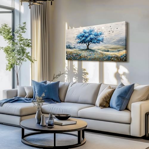 SERIMINO Tree of Life Large Wall Art, Country Landscape Canvas Art Prints, Blue Tree Nature Artwork for Walls, Modern Wall Pictures for Living Room Bedroom Dining Room, Rustic Farmhouse Decor 24"X48"