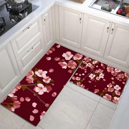 Alfombrillas de cocina lavables 50x80+50x150cm con diseño de flores de cerezo rojo burdeos 3