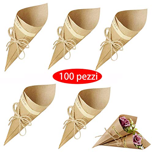 Gudotra 100pcs Boîtes de Cadeau Cône Bouquet Rétro Gâteau Kraft Papier Bouquet de Bonbons Sacs de Boîtes de Chocolat Corde de Chanvre de Mariage