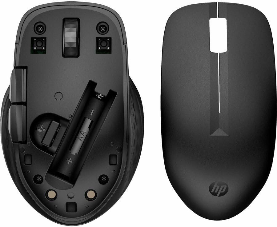Underside view of the HP 435 Multi-Device Wireless Mouse with battery compartment open
