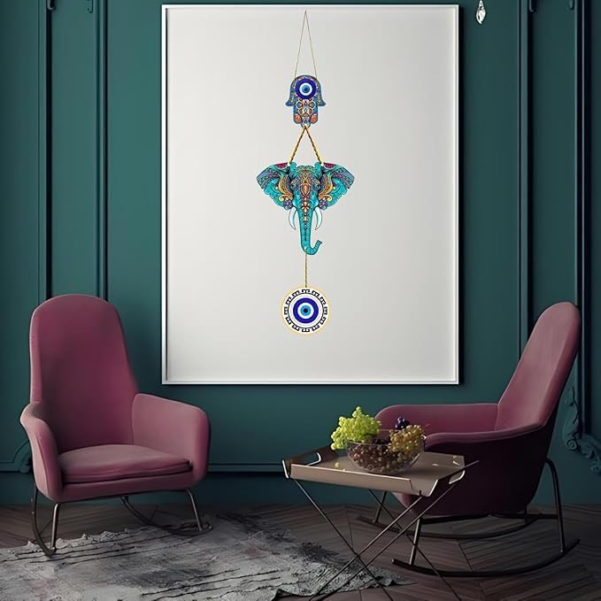 Image of Pack of 2 Owl Evil Eye Wall Hanging Decor, Colorful Wooden Nazar Protection Charm for Home, Entrance & Living Room, Vastu & Feng Shui Hanging (Multicolour) (Ganesha Mosaic & Elephant Hamsa)