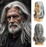 Dsimeig Pelucas largas rizadas onduladas grises blancas para hombres peluca de pelo sintética natural de fiesta de Halloween Cosplay