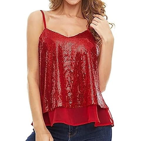 Janepam Women Plus Size Cami Top Real Sequin Bling-Bling Layered Summer Spaghetti Camisole Sleeveless Adjustable Strap Sexy Sparkle Sparkly V-Neck Loose Tank Top Bar Beach Night Date Party A Red 2XL Cover