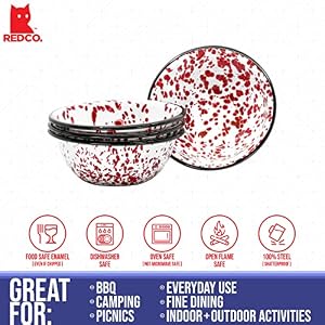 Red Co. Set of 4 Enamelware Metal Classic 20 oz Round Cereal Bowl, Red Marble/Black Rim - Splatter Design Red Co Set of 4 Enamelware Metal Classic 20 oz Round Cereal Bowl Red MarbleBlack Rim Splatter Design