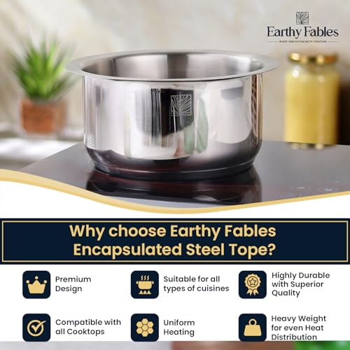 Image of Earthy Fables Stainless Steel Heavy Bottom Tope /Patila /Bhogona /Tapia for Milk, Boiling, Better Nutrition & Heat Distribution, Uses Less Oil & Gas, Stove & Induction Bottom, 20 cm, 3.1L