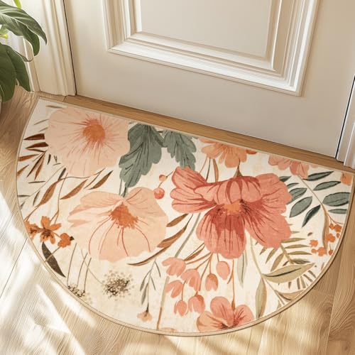 jinchan Floral Half Round Area Rug, 2x3 Pink Grey, Washable Non Slip by jinchan - Used condition - US$21.59
