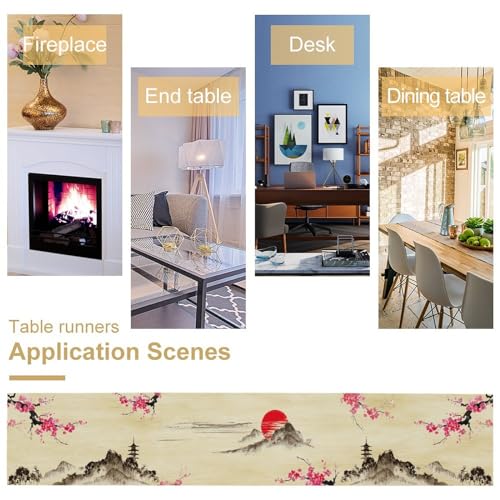 Image of Japanese Cherry Blossom Table Runner Retro Spring Landscape Mountain Plum Floral Tabletop Decor Cover for Holiday Dining Room Party 13x90 Inch