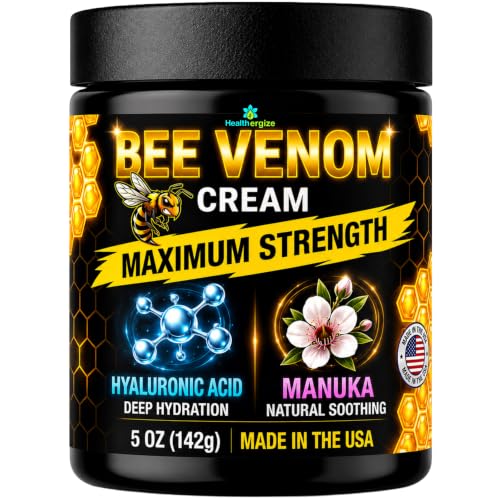 Healthergize Bee Venom Cream Maximum Strength – Firming Face & Neck Cream for the Look of Fine Lines & Wrinkles – with Manuka Honey, Hyaluronic Acid & Aloe – Paraben Free – 5 Oz, Made in USA