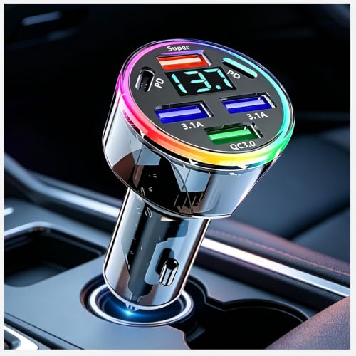2026 New 6-Port Car Charger QC 3.0 and PD Fast Charge,4 USB-A+2 USB-C Cigarette Lighter USB Charger with LED Voltage Display & 7 Color Ambient Light,Super Fast Car Chargers Adapter