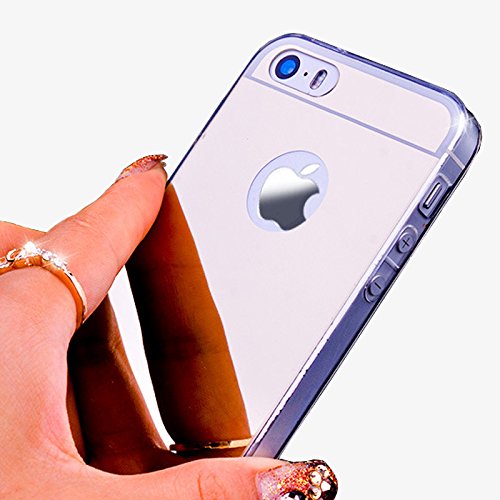 Johncase Soft TPU Bumper with Electroplating Back Cover Luxury Phone Mirror Girl Case for iPhone 5 5s se (Silver)