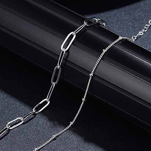 Milacolato 925 Sterling Silver Clasp Paperclip Chain Bracelets 14K White Gold Plated Solid Paperclip Chain Women Bracelet Adjustable Layered Satellite Beads Bracelets For Women Girls #TOP1