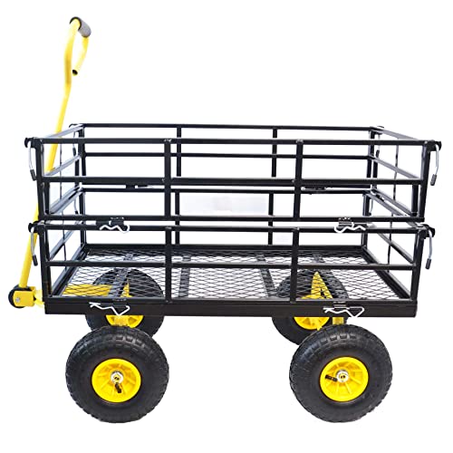 Steel Garden Wagon Cart, Portable Garden Carts Dog Wagon W/Removable Sides & Additional Four-Sided Baffle & 10In Tries To Transport Firewood Plants Chicken Feed Pot Soil Beehive (Black) #TOP23