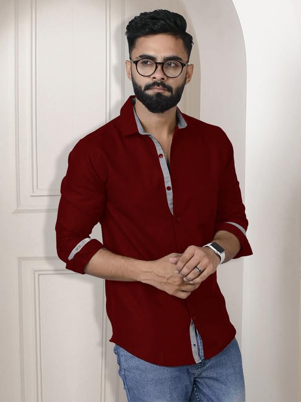 Image of Pinkmint Shirt for Men Cotton Soild Shirt & Spread Collar Long Sleeve Shirt Formal, Travelling