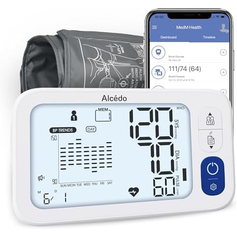 Alcedo Bluetooth Blood Pressure Monitor for Home Use, Accurate Upper Arm Smart BP Machine with Wide Range Cuff, App-Enabled for iOS & Android, Super Large Backlit Screen, 2 x 250 Memory Cover