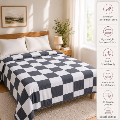 Image of Double Bed Dohar Classic Grey Checkered | Lightweight Summer Quilt | Soft Microfiber AC Blanket | Breathable All Season Comforter | Skin Friendly Bed Cover
