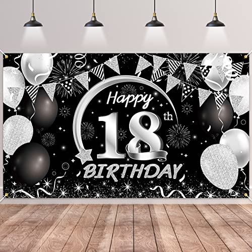 18. Banner de cumpleaños negro plateado, BTZO 18. Cumpleaños jóvenes, decoración de 18 cumpleaños para niñas, 18 cumpleaños de fondo, para 18 fiestas de cumpleaños