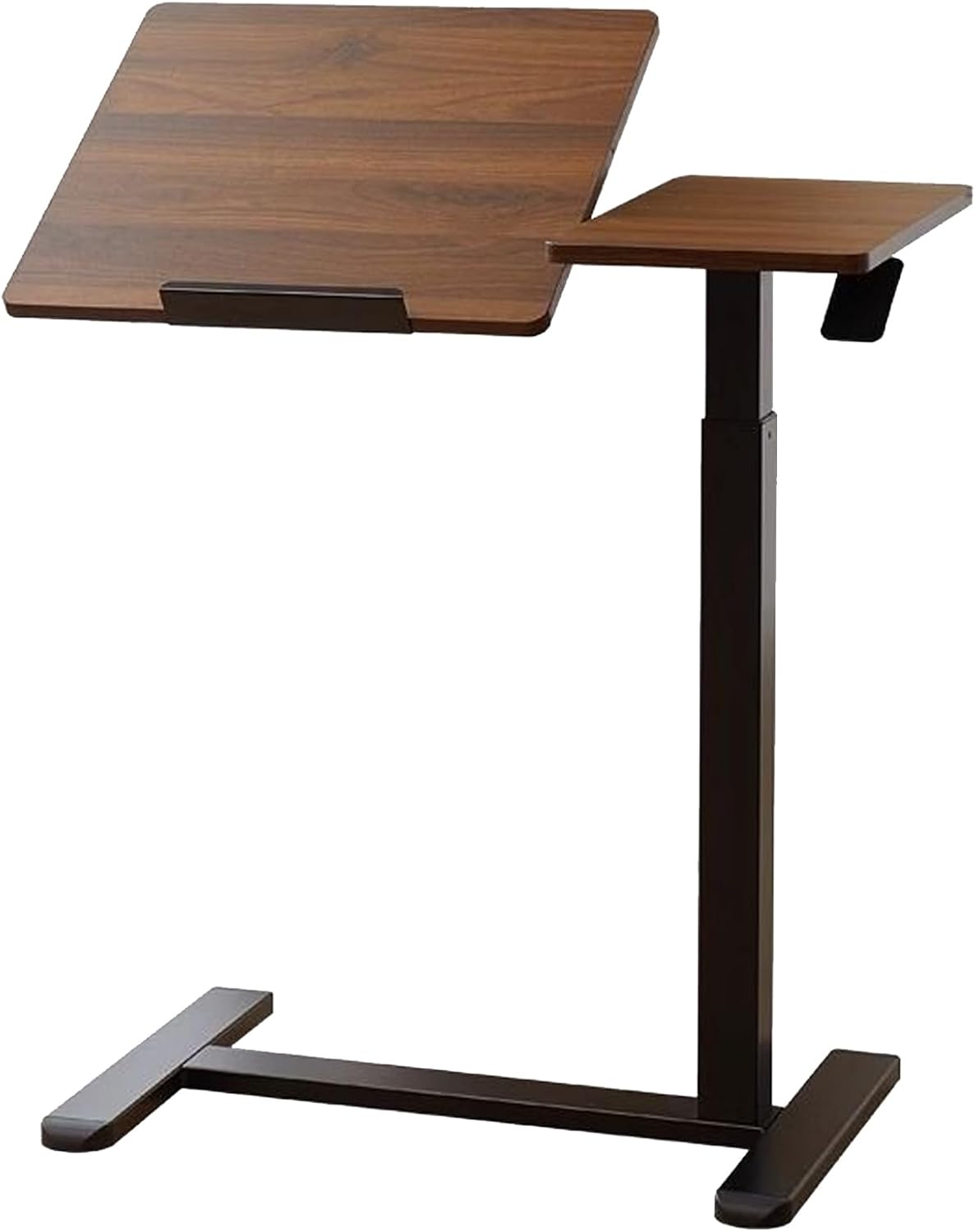 ELQ Pneumatic Lifting Overbed Bedside Table, Over The Bed Table with Hidden Wheels, 60° Tilting Portable Workstation, for Sofa, Bed, Couch, Walnut（27.6" W x 15.7"）